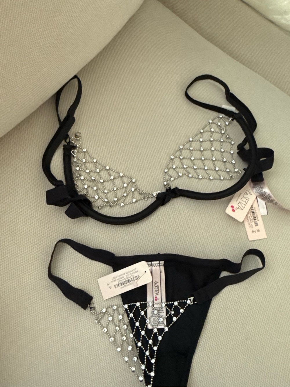 NWT La Senza Black Rhinestone Crystal Chain Mesh Bra & Thong Set M/S